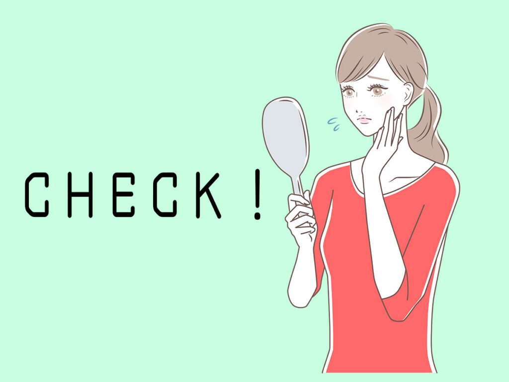 手鏡を持ち肌をチェックする女性のイラスト